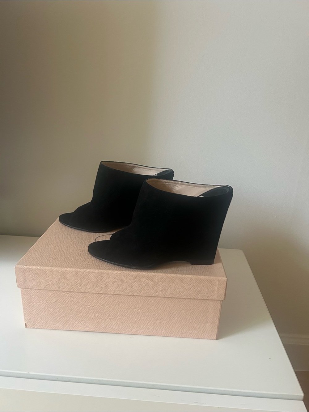 Prada Black Suede Peep-Toe Wedge Mules - Picture 3 of 4